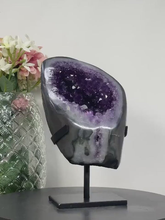 Stunning Amethyst&Agate Geode with Calcite Crystal, Metallic Stand Included - 24x14cm, 3.5kg, AWS1094