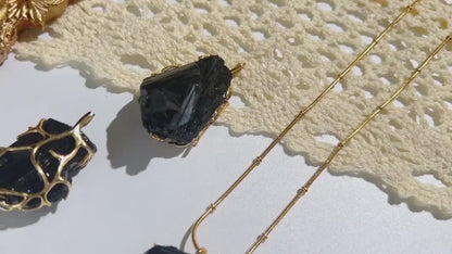 Black Tourmaline Pendant Cluster Necklace, " Protection - Grounding " Empath Crystal October Birthstone 24K Goldplated Necklaces