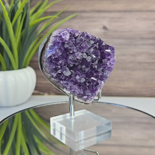 Amethyst Heart Geode with Agate Bands – Deep Purple Uruguayan Crystal on Acrylic Stand, ca, 9cm - 420gram