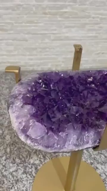 KAMPANJE / Extra Plus Amethyst Geode Cluster SOFA Table Gold Metal Frame Table w/Druzy big Cluster, ca. 10kg - 31x24cm, Høyde 45cm