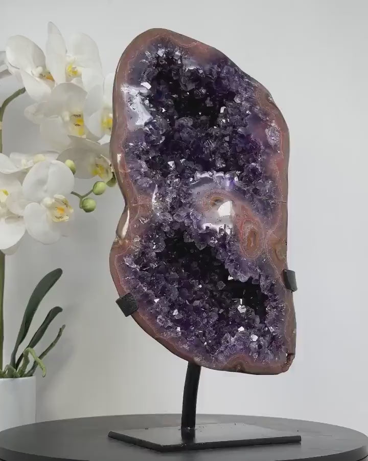 Unique Piece Uruguay Agate & Amethyst Geode, Metallic Stand Included - MWS1508, - 35x15cm, 5.2kg