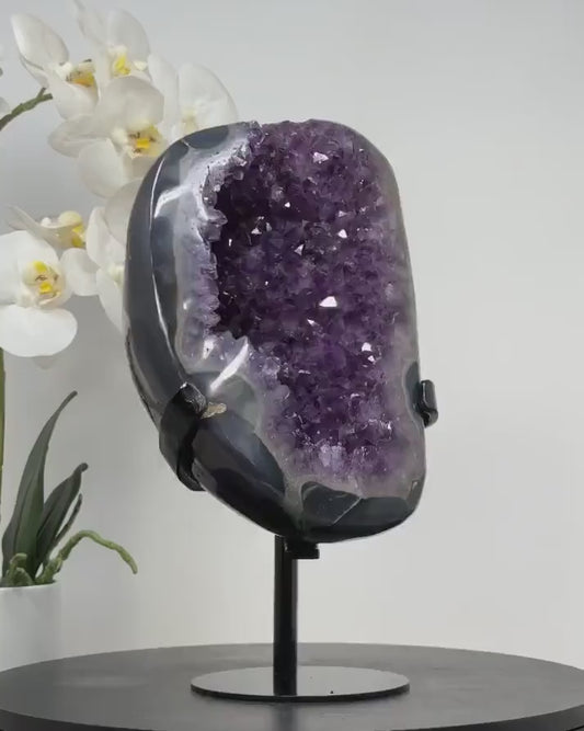 Natural XXL Uruguay Agate & Amethyst Geode, Metallic Stand Included - MWS1452 - 28.5x16cm, 4.3kg