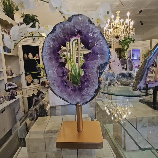 Unique Brazilian XL Purple Ametyst PORTAL w/Golden Stand, ca. 32x17cm - 2.2kg