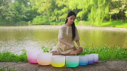 KAMPANJE / 7 PCS Crystal Singing Bowls Set 432Hz 6"-12" - Chakra Quartz Sound Bowls - Including Mallets, Carrying Bags, 7 x Frosted - 7 Color Quartz Bowls