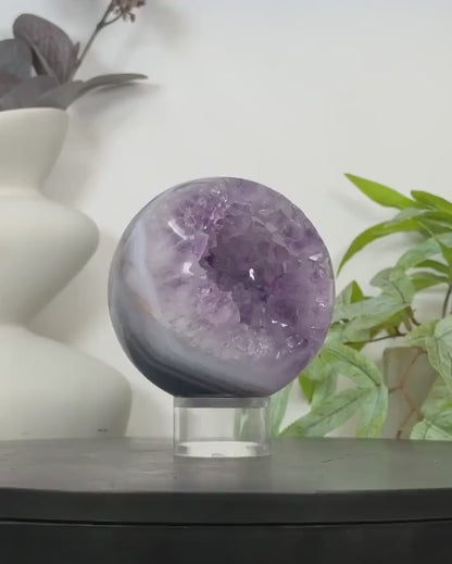 Uruguay Amethyst & Blue Banded Agate Sphere Geode with Crystal Cavity - SPH0177, 9.9cm