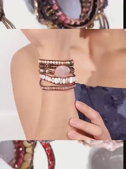2 -1 BOHO WRAP BRACELET 5 rader skinnarmbånd med stor vakker natursten i 14 Design
