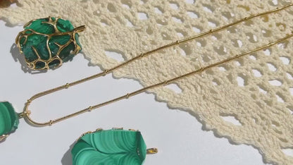 New Raw Malachite Pendant Slab Gold Necklace, “Stone of Transformation”, May Birthstone, 24K Gold-Plated Chain