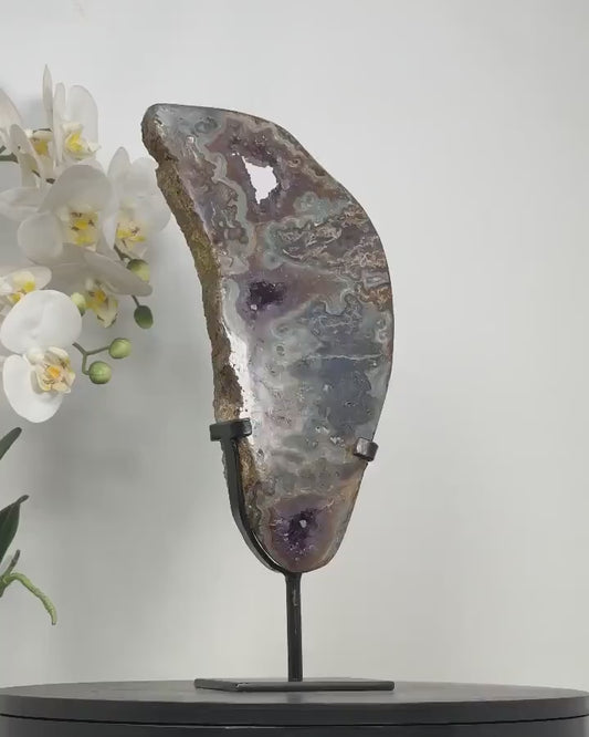 Unique Green Jasper & Amethyst Crystal Specimen, Decorative Portals, Custom Metal Stand, MWS2329 - 31.5x14cm