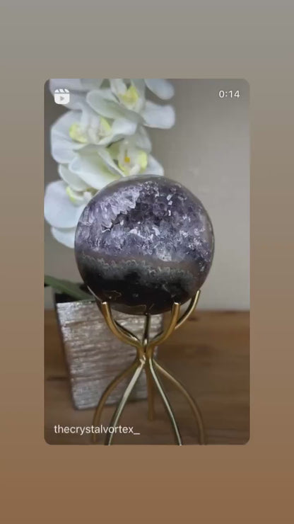Large - Supernice Uruguay Amethyst Crystal Quartz Agate Sphere with Metal Stand, 88mm - 1250gram