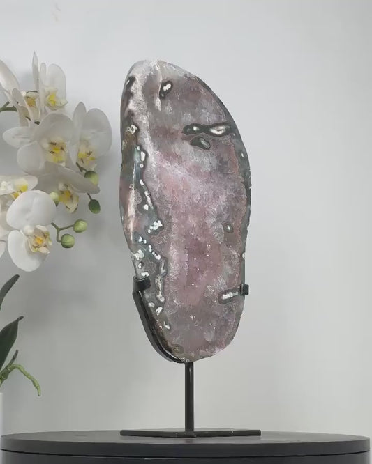 Beautiful Natural Large Pink Ametyst Quartz Crystal Slice, Stand included - MWS2331, 33.5 x 15cm
