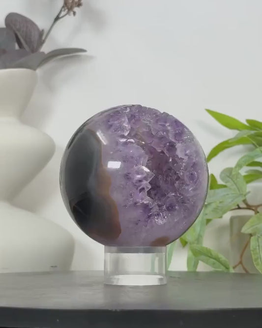 Natural Uruguay Amethyst & Agate Sphere Geode - SPH0155, 9.9cm