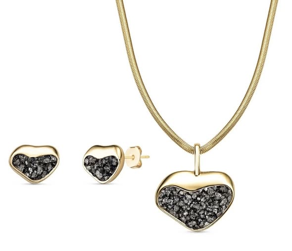 New 2025 Brazil Gem Pyrite Heart Shape Necklace & Earring Set 18K Gold Plated