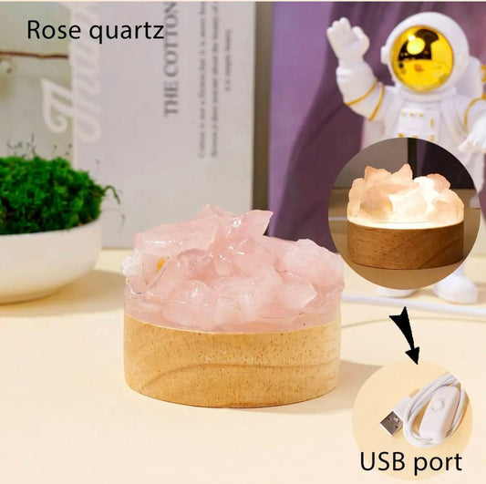 Nye, mini Led Crystal Nattlamper... Raw Rose Quartz Cluster, 7x7cm