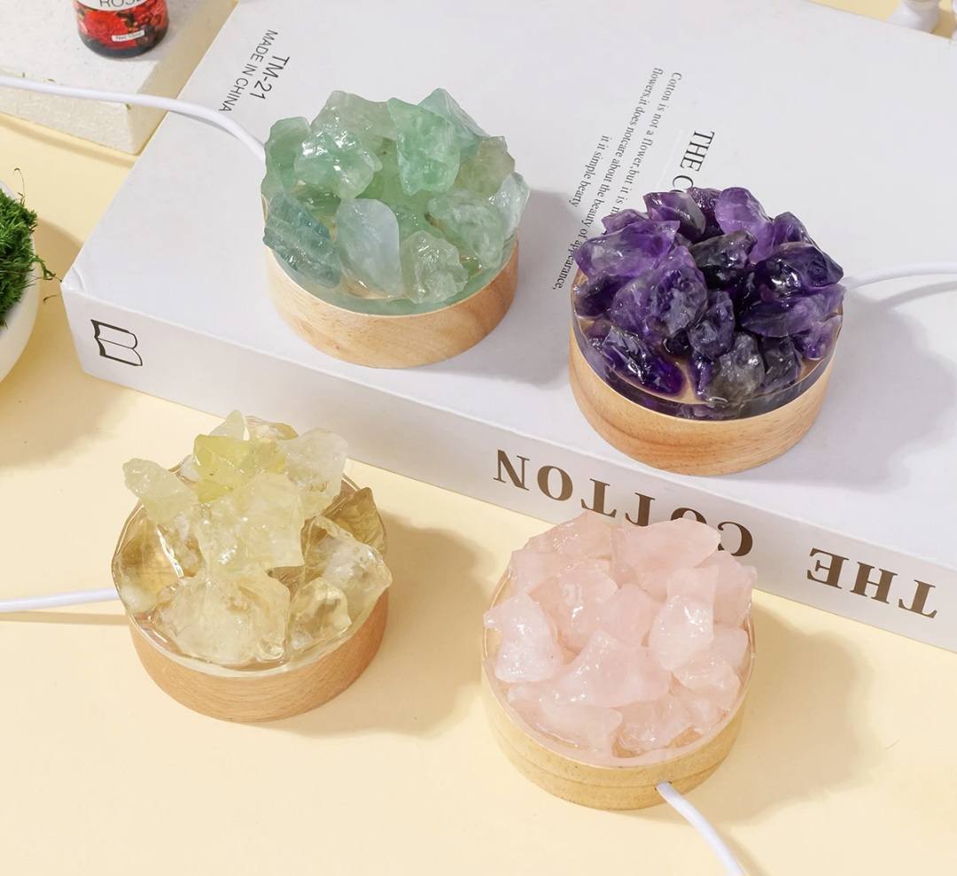 Nye, mini Led Crystal Nattlamper... Raw Rose Quartz Cluster, 7x7cm