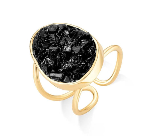 2025 Brazil Gem 18 K Gold Plated Cuff Ring with Natural Black Turmaline Gemstones
