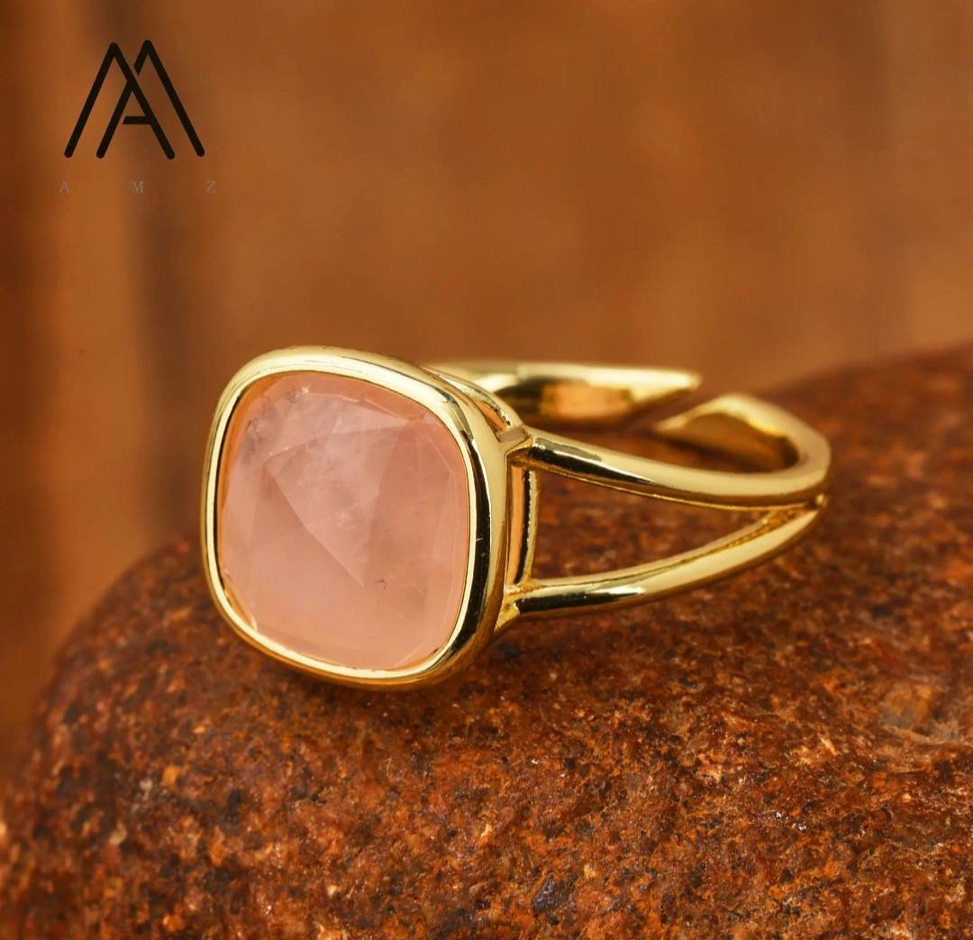 Nye MICCI Design Natural Rose Quartz Stone Ring, 18K Goldplated, one size - justerbar