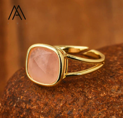 Nye MICCI Design Natural Rose Quartz Stone Ring, 18K Goldplated, one size - justerbar