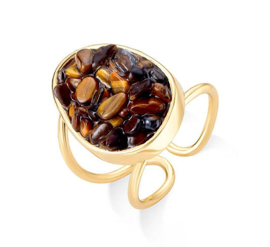 2025 Brazil Gem 18 K Gold Plated Cuff Ring with Natural Tigers Eye Gemstones