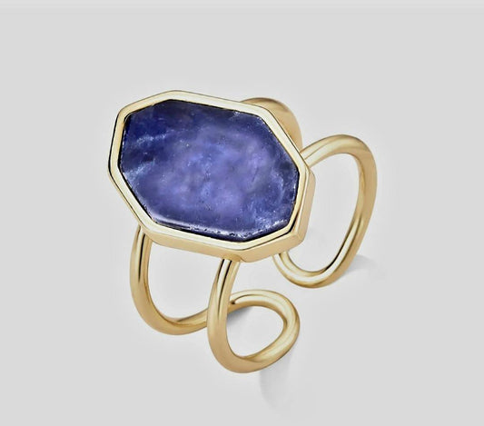 2025 Brazil Gem 18K Gold Plated Cuff Ring w/ Natural Sodalite Gemstone