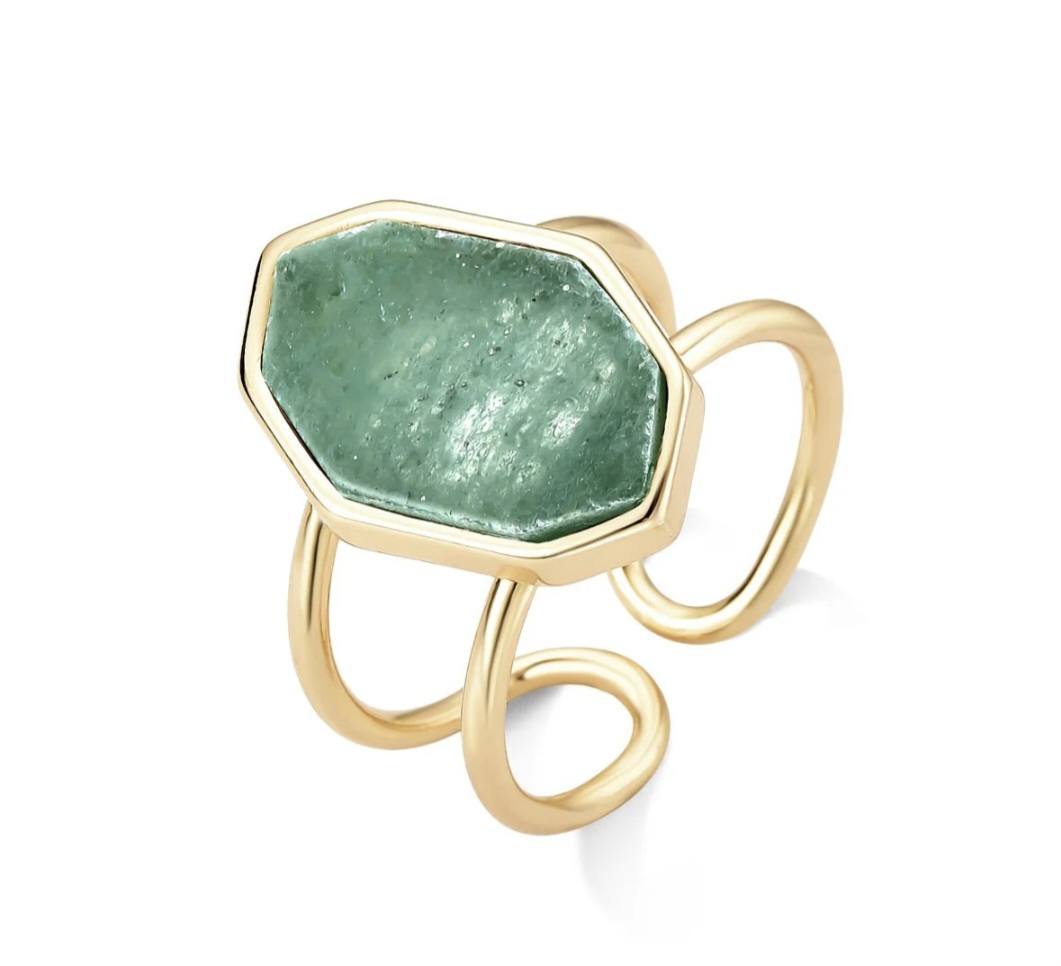 2025 Brazil Gem 18K Gold Plated Cuff Ring w/ Natural Green Quartz Gemstone