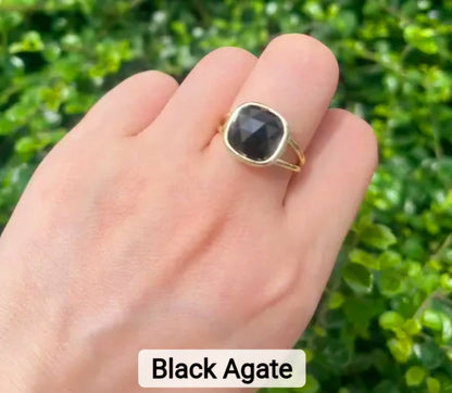 Nye MICCI Design Natural black Agate Stone Ring, 18K Goldplated, one size - justerbar