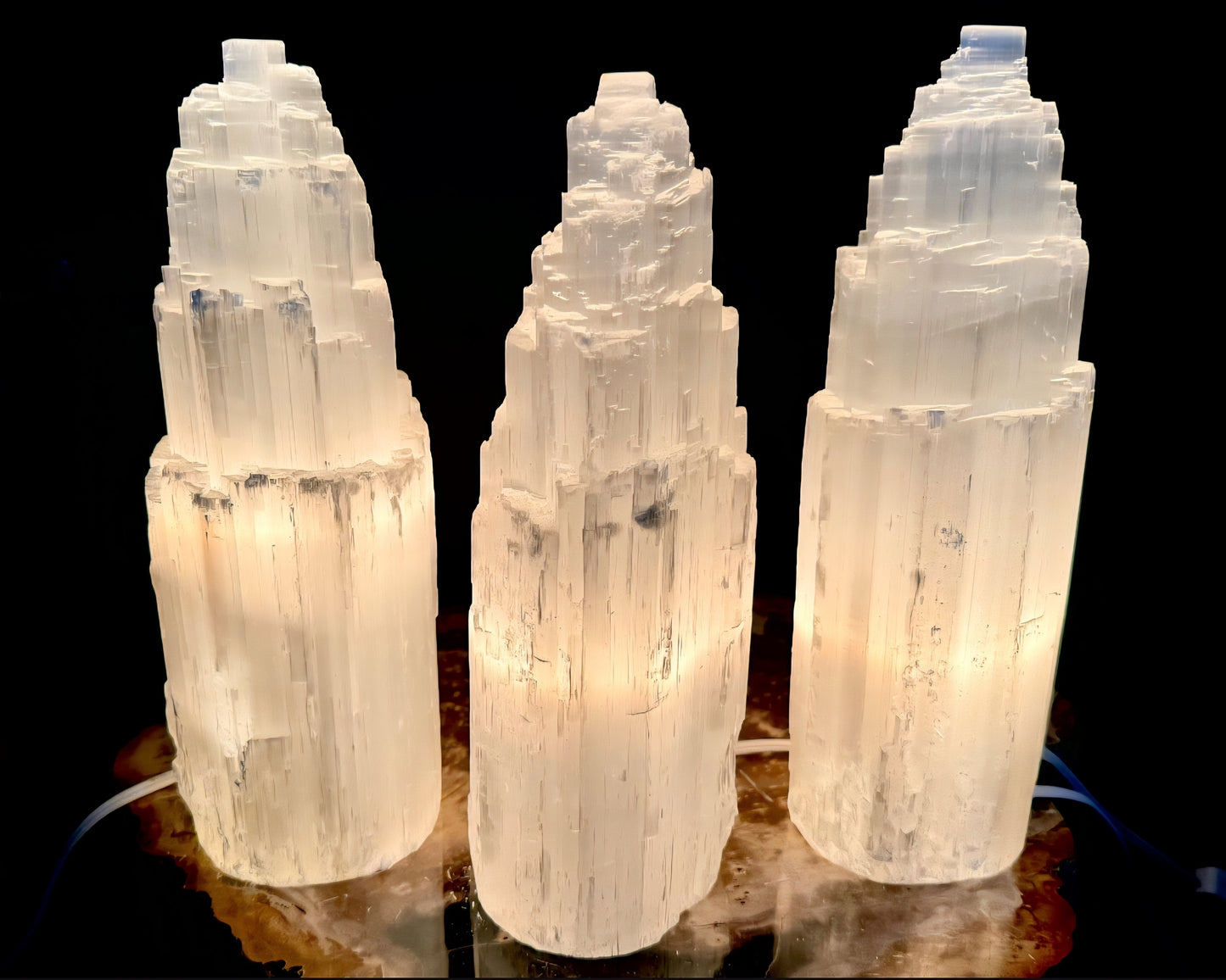 Selenite Iceberg Tower Crystal Lamp with LED Wooden Base, ca. 30cm, XLarge