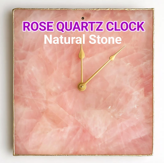 Vakker og eksklusiv rektangulær ROSE QUARTZ veggklokke, Gold Electroplated, 25cm