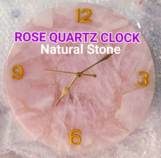 Vakker og eksklusiv ROSE QUARTZ veggklokke, Gold Electroplated, 25cm.