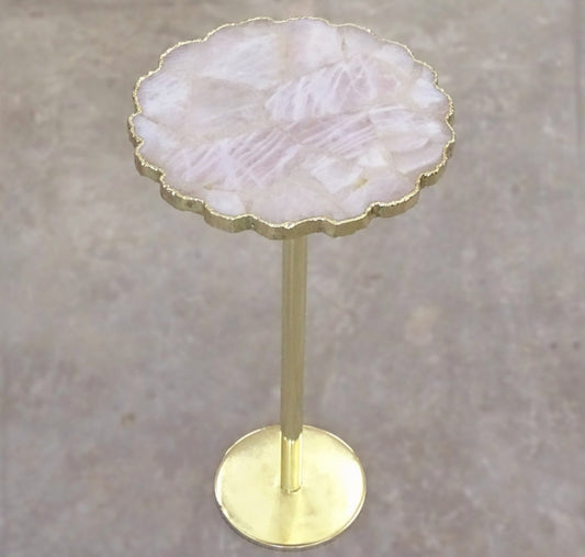 Rundt Rosenkvarts kaffebord med gulldecorert kant ( gold electroplated ) og avtagbart ben, ca. 23cm diameter bordplate,