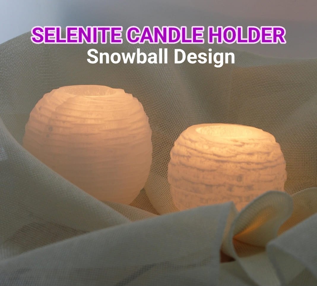 Selenitt Telys dekorasjon , Snowball Design - 8x8cm, 700gram, Medium