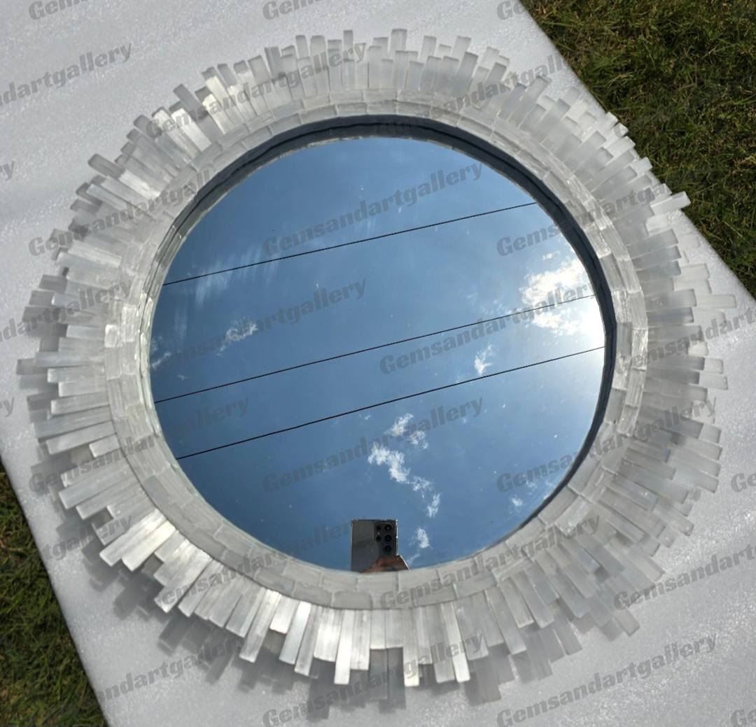 Eksklusive, håndlagede natural round Selenite Veggspeil, 45cm