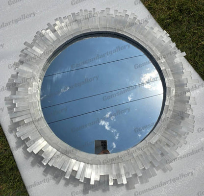 Eksklusive, håndlagede natural round Selenite Veggspeil, 45cm