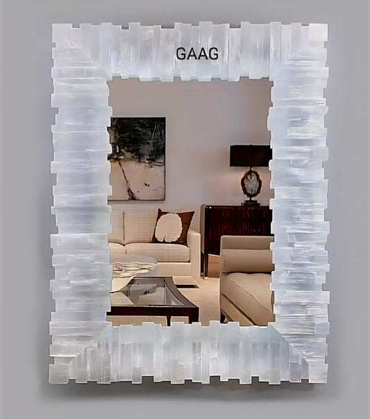 Eksklusive, håndlagede natural Selenite Veggspeil., 45x30cm