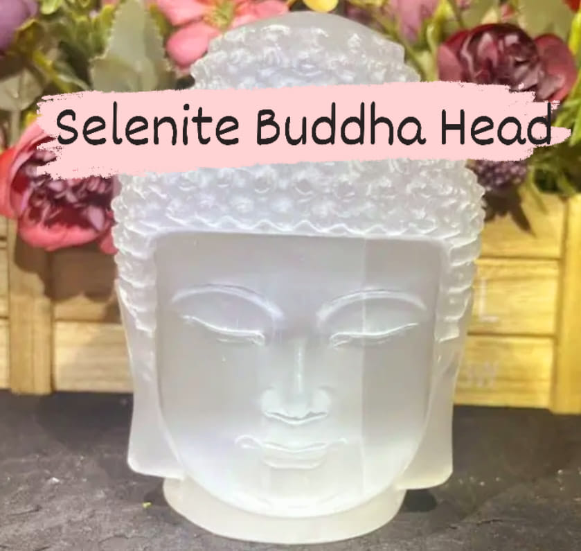 Selenitt BUDDHA HEAD - 10cm m/Led Trebase og lysjustering, Medium