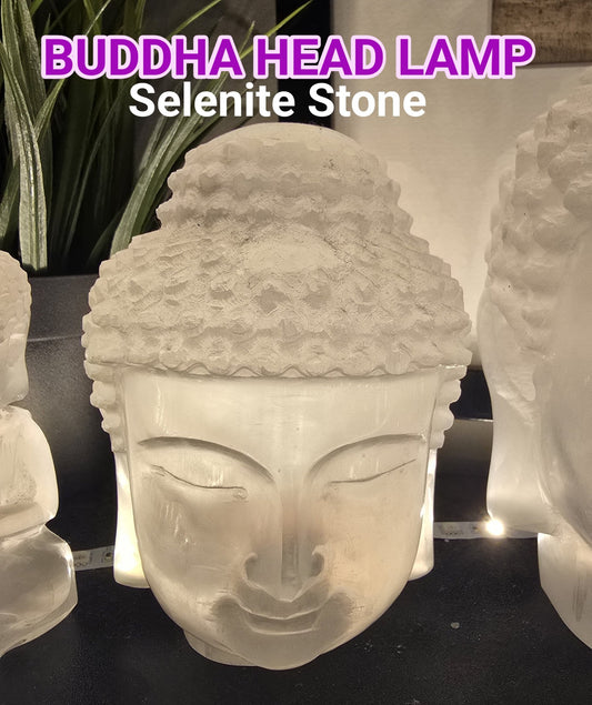Superflott, vakker og stor Selenitt Buddha HEAD m/Led Trebase og lysjustering ca. 15cm