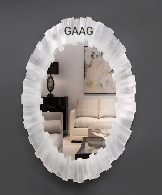 Eksklusive, håndlagede natural round Selenite Veggspeil, 45cm