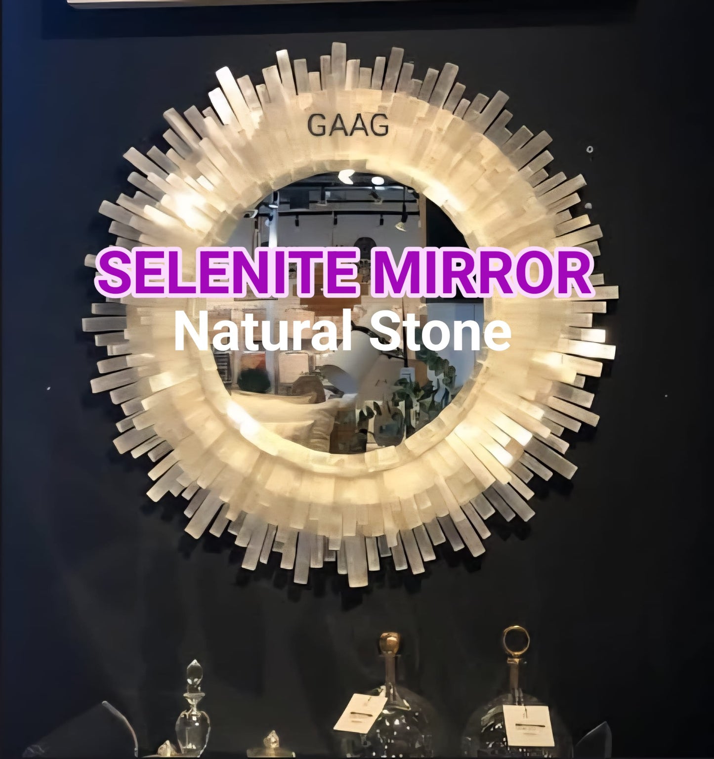 Eksklusive, håndlagede natural round Selenite Veggspeil, 45cm