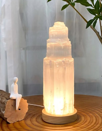 Selenite Iceberg Tower Crystal Lamp with LED Wooden Base, ca. 30cm, XLarge
