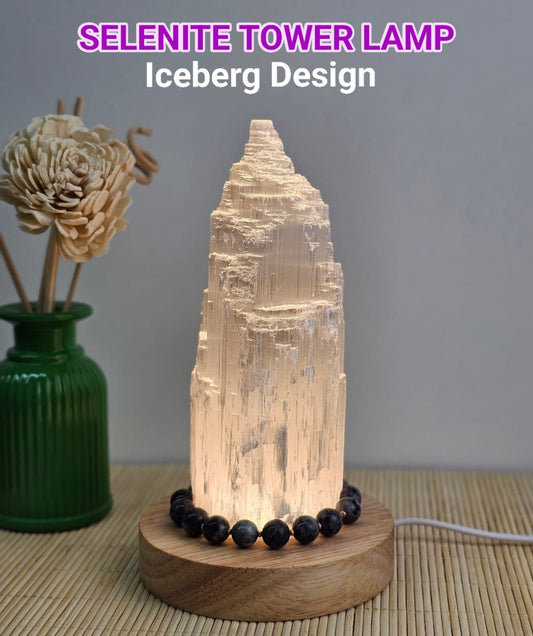 Selenite Iceberg Tower Crystal Lamp with LED Wooden Base, ca. 15x5cm, Medium