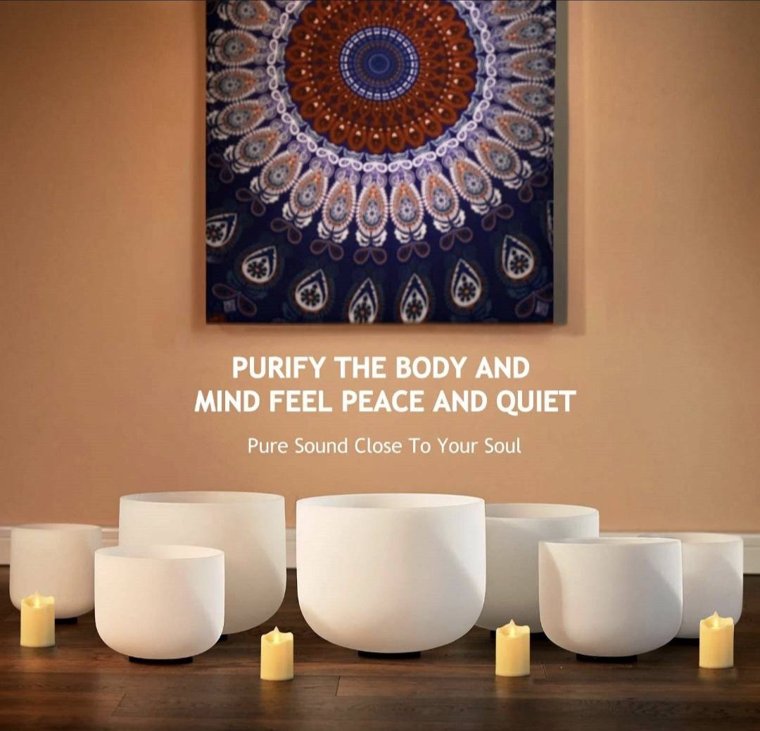 KAMPANJE / 7 PCS Crystal Singing Bowls Set 432Hz 6"-12" - Chakra Quartz Sound Bowls - Including Mallets, Carrying Bags, 7 x Frosted White Quartz Bowls