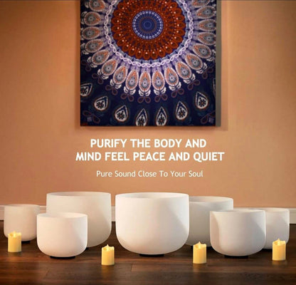 KAMPANJE / 7 PCS Crystal Singing Bowls Set 432Hz 6"-12" - Chakra Quartz Sound Bowls - Including Mallets, Carrying Bags, 7 x Frosted White Quartz Bowls