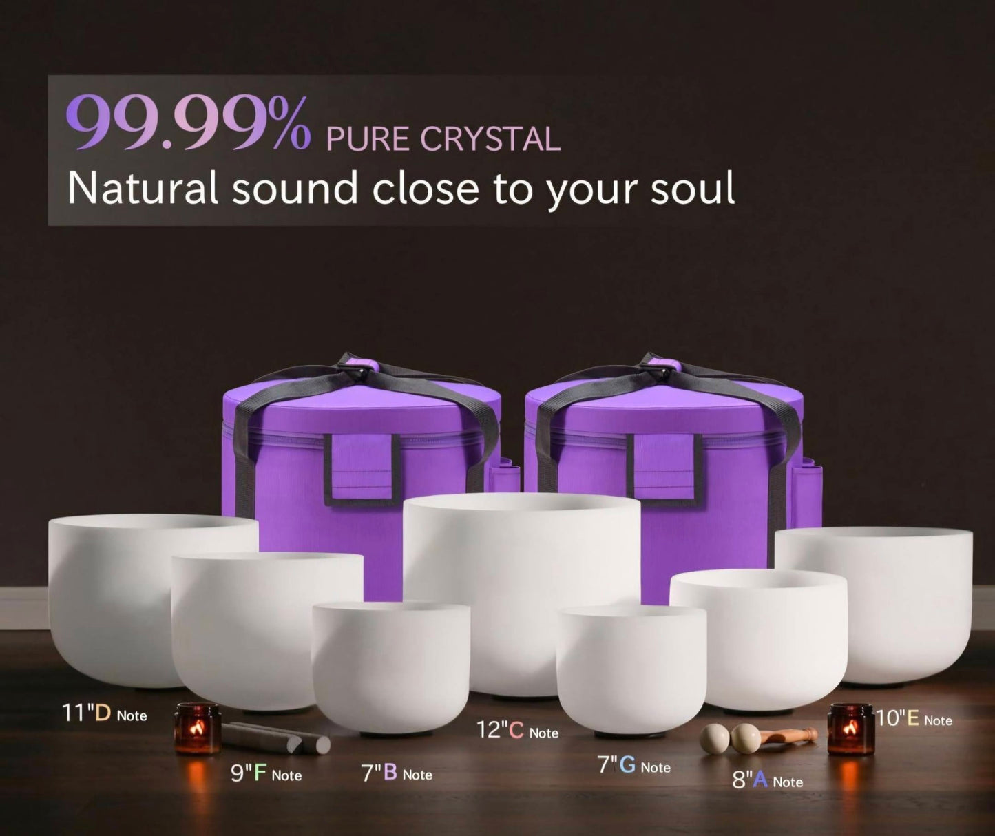 KAMPANJE / 7 PCS Crystal Singing Bowls Set 432Hz 6"-12" - Chakra Quartz Sound Bowls - Including Mallets, Carrying Bags, 7 x Frosted White Quartz Bowls