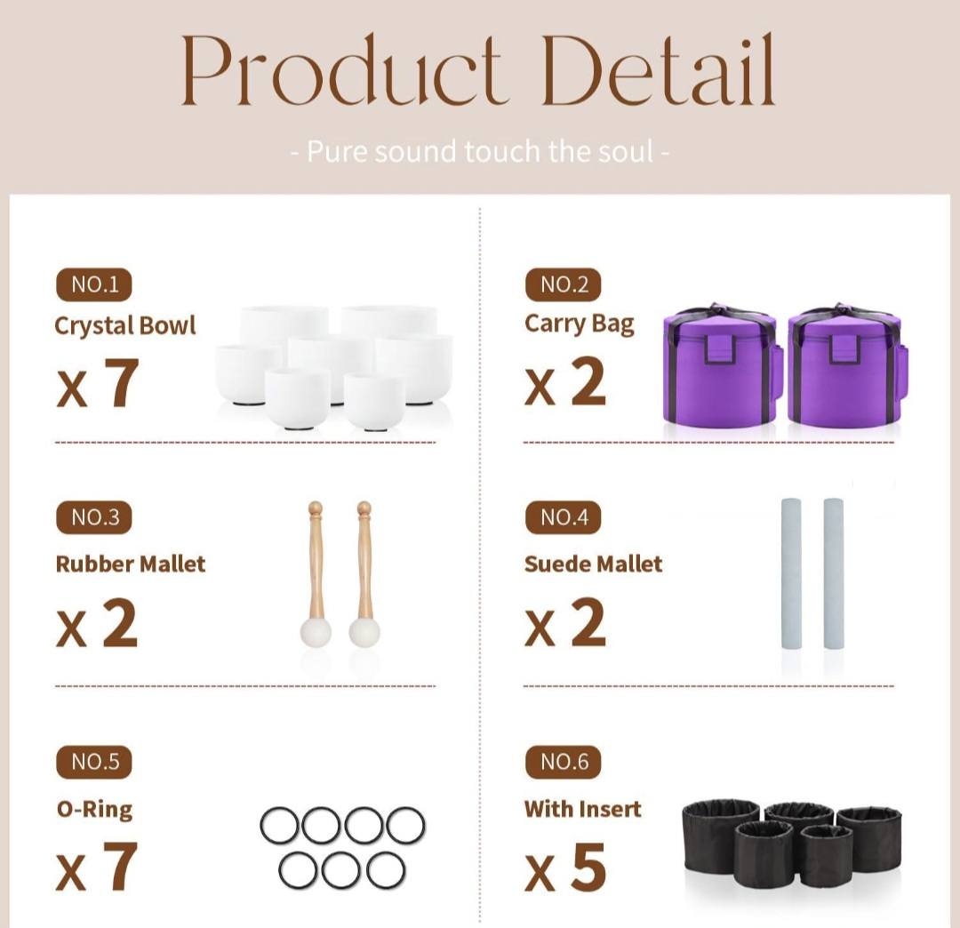 KAMPANJE / 7 PCS Crystal Singing Bowls Set 432Hz 6"-12" - Chakra Quartz Sound Bowls - Including Mallets, Carrying Bags, 7 x Frosted White Quartz Bowls