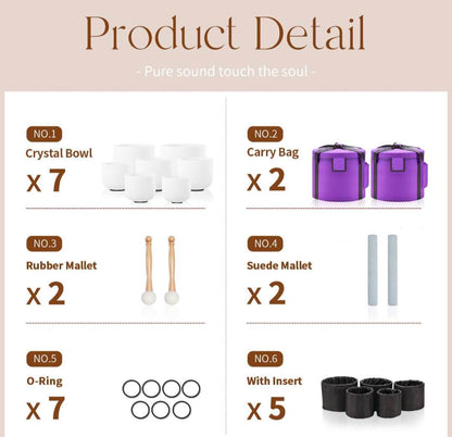 KAMPANJE / 7 PCS Crystal Singing Bowls Set 432Hz 6"-12" - Chakra Quartz Sound Bowls - Including Mallets, Carrying Bags, 7 x Frosted White Quartz Bowls