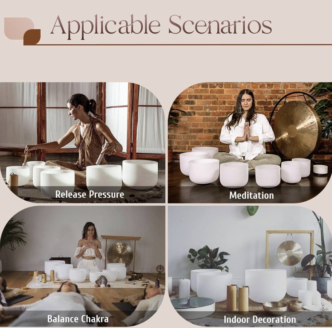 KAMPANJE / 7 PCS Crystal Singing Bowls Set 432Hz 6"-12" - Chakra Quartz Sound Bowls - Including Mallets, Carrying Bags, 7 x Frosted White Quartz Bowls
