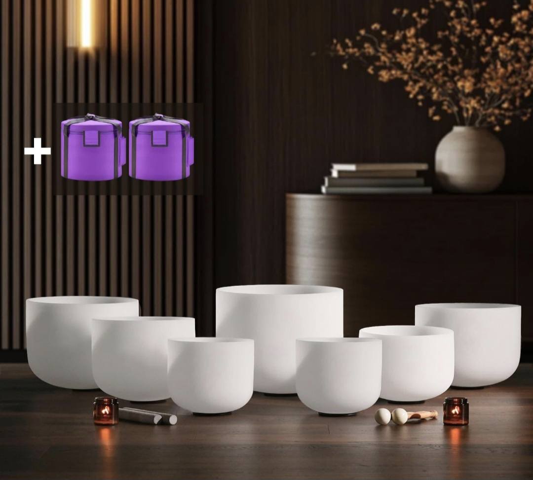 KAMPANJE / 7 PCS Crystal Singing Bowls Set 432Hz 6"-12" - Chakra Quartz Sound Bowls - Including Mallets, Carrying Bags, 7 x Frosted White Quartz Bowls