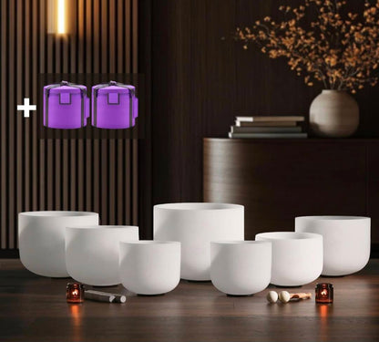 KAMPANJE / 7 PCS Crystal Singing Bowls Set 432Hz 6"-12" - Chakra Quartz Sound Bowls - Including Mallets, Carrying Bags, 7 x Frosted White Quartz Bowls