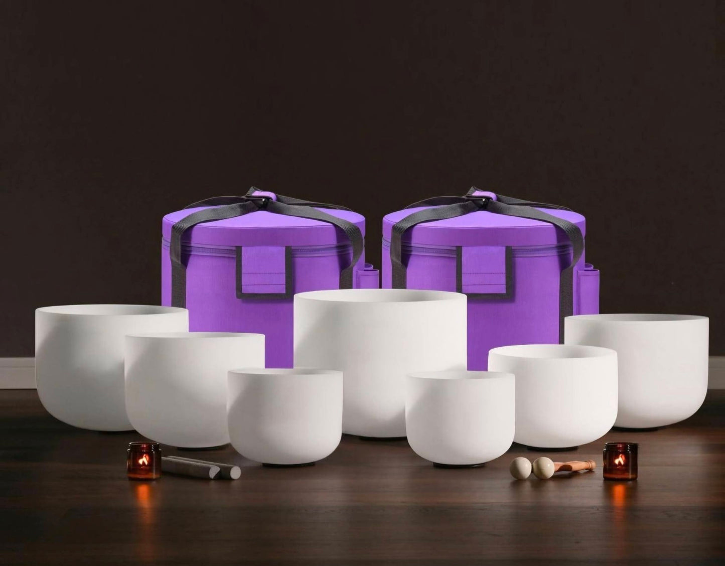 KAMPANJE / 7 PCS Crystal Singing Bowls Set 432Hz 6"-12" - Chakra Quartz Sound Bowls - Including Mallets, Carrying Bags, 7 x Frosted White Quartz Bowls