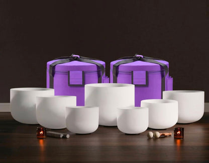 KAMPANJE / 7 PCS Crystal Singing Bowls Set 432Hz 6"-12" - Chakra Quartz Sound Bowls - Including Mallets, Carrying Bags, 7 x Frosted White Quartz Bowls