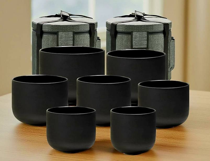 Crystal Singing Bowls Set 432Hz 6"-12" - Chakra Quartz Sound Bowls - Including Mallets, Carrying Bags, 7 x Frosted Black Quartz Bowls